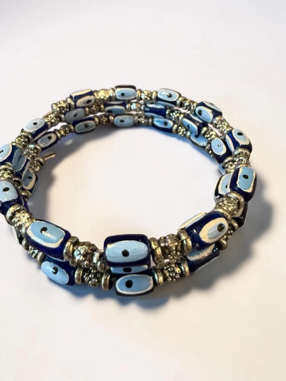 Blue & White Beaded Wrap Bracelet Silver Tone Multi Strand